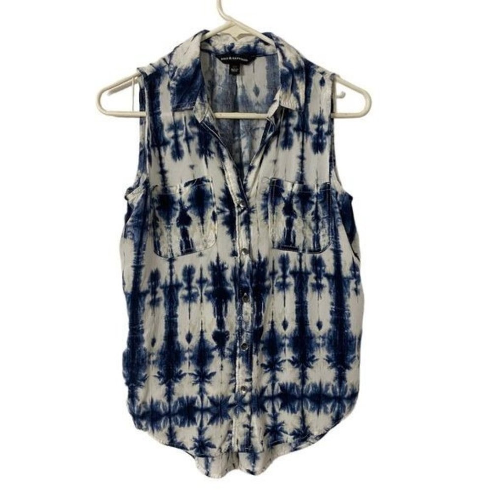 Rock & Republic Button down Sleeveless Shirt XS Blue & Off White Tie Dye
